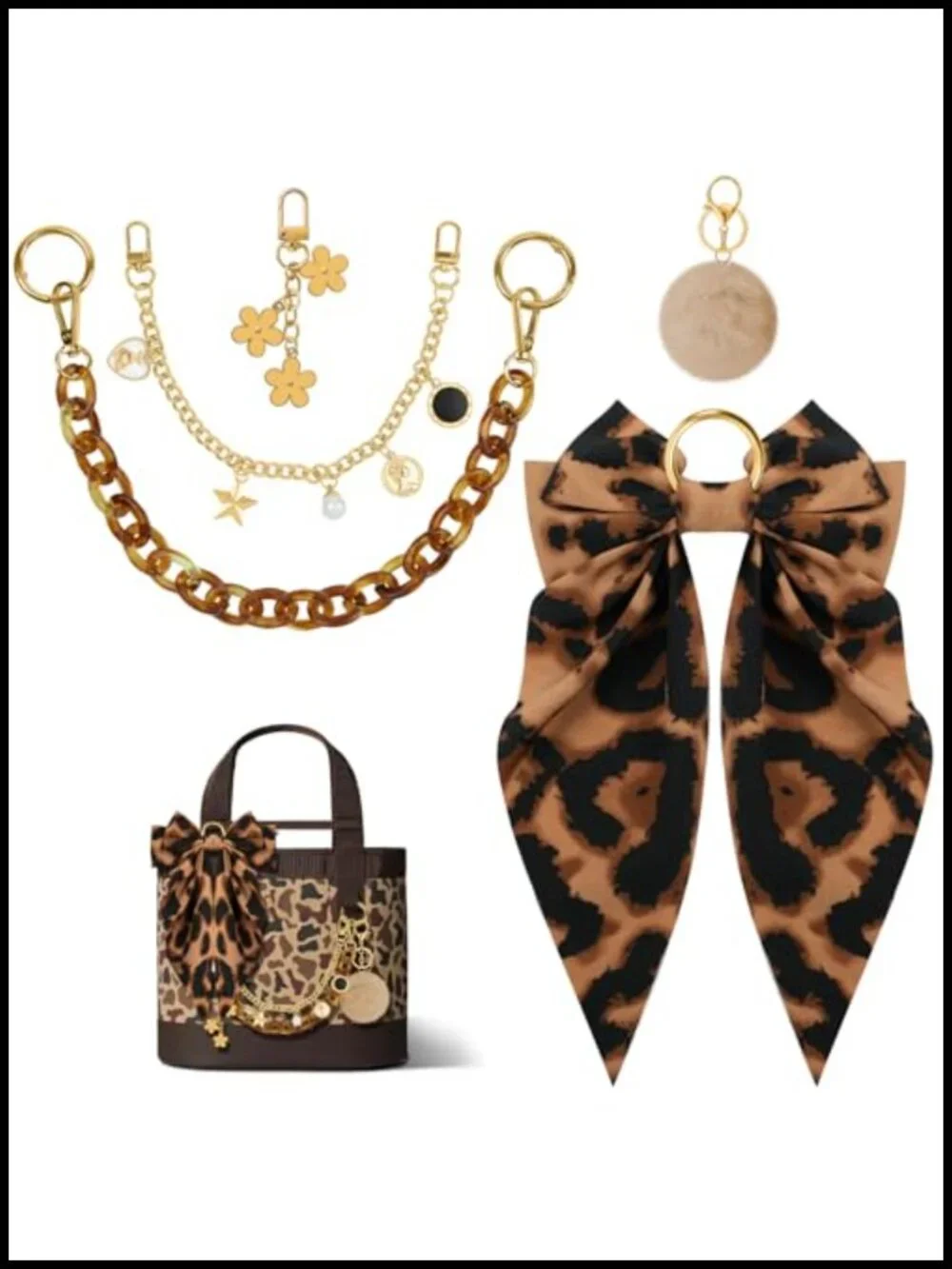 Tote Bag Charms Kit, 5PCS Bag Accessories with Leopard Bow Plush Pom Chain for